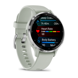 Garmin Venu® 3S
Silver stainless steel bezel with sage grey case and silicone band