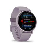 Garmin vívoactive® 5
Metallic orchid Aluminium bezel with orchid case and silicone band